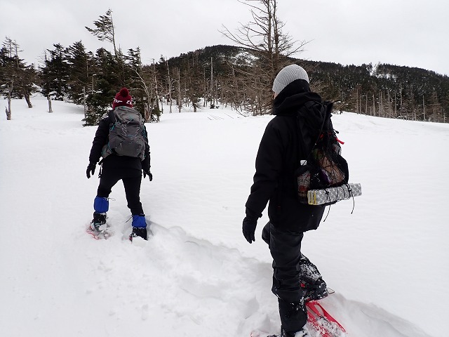 縞枯山バックに雪の斜面を歩く二人