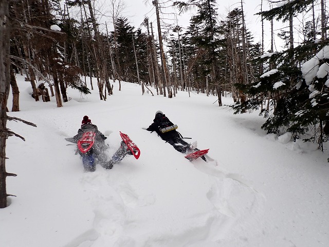 スノーエンジェル作りで前からふかふか雪に倒れる二人
