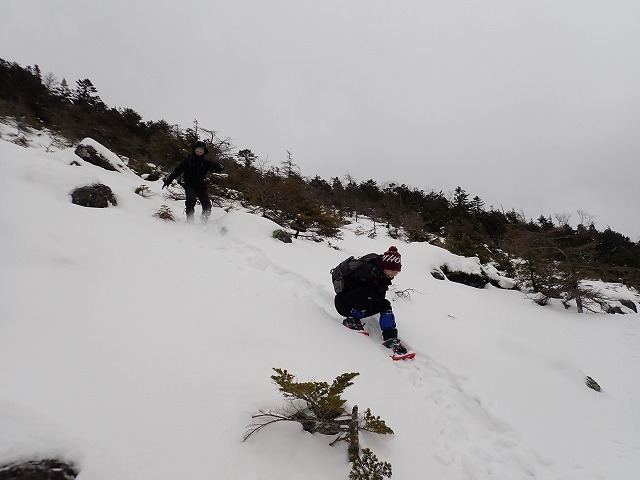 パノラマ斜面の雪はクラスト状態で歩きにくい